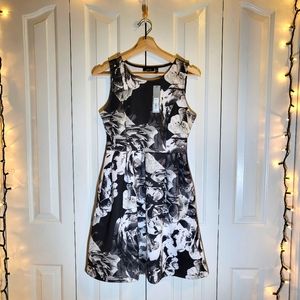 APT 9 Floral Black and White, Fit and Flare Pleated Dress Size S